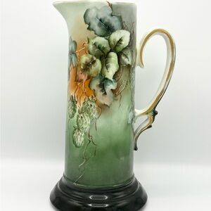 LeTarg Hand Painted Limoges Tankard Pitcher Green Gold Floral Antique France